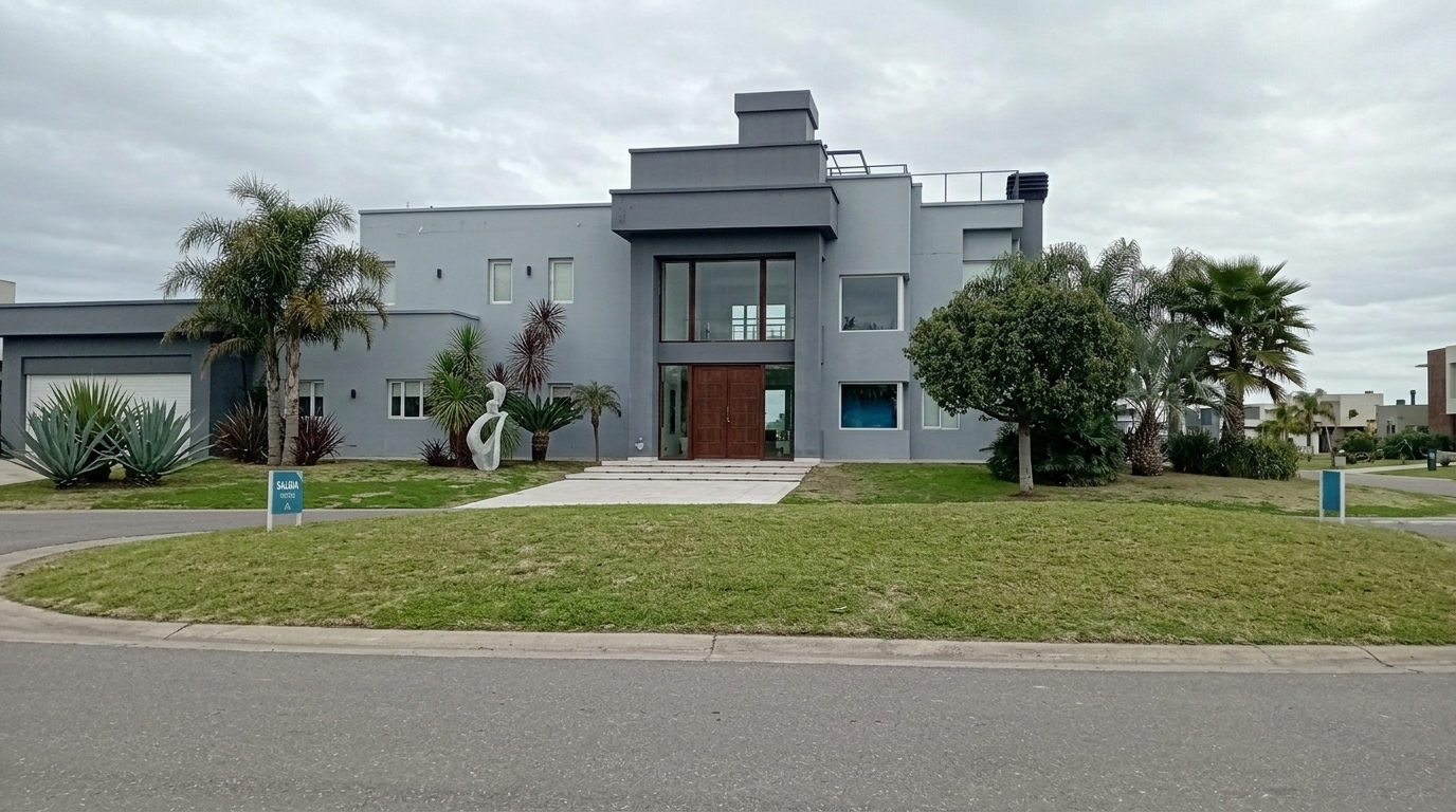 Vivienda urbana de dos plantas con frente de piedra y portón blanco